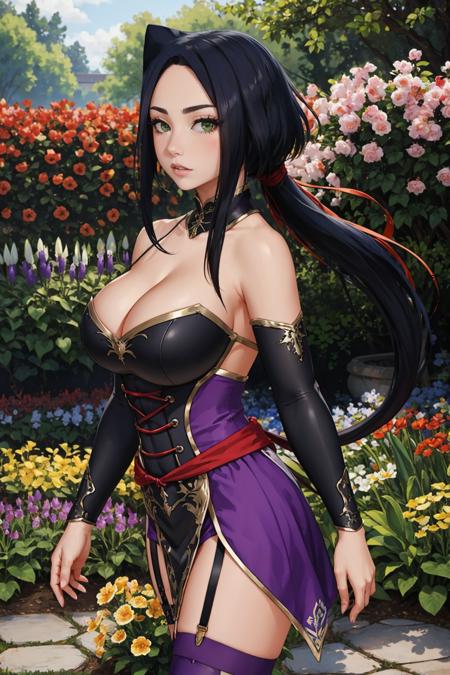 moeLily, low ponytail black and purple dress, cleavage cutout, pelvic curtain, arm guards, purple thighhighs