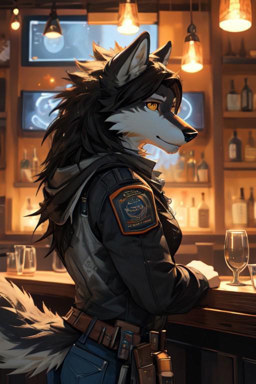 best_quality, masterpiece, highres, 
cowboy_shot, 
indoors, bar, futuristic, cyberpunk 
anthro,
source_furry, furry, furry_female, anthro, canine, wolf, wolf_girl, wolf_tail, snout,
long_hair, , black_hair,  body_fur,
yellow_eyes, small_breasts,
gray_fur, 
three-tone_gray_fur, 
power_armor,