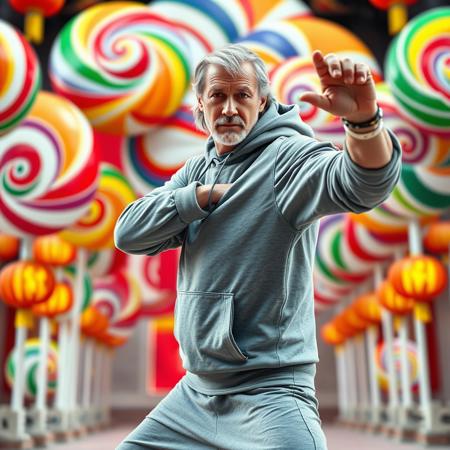 1man,60 yo,((Sean Connery)) , gray hoody, rolled up sleeves, long hair, jersey, white sneakers, (muscular:1.4), 2 meters tall,kung fu pose, 
[A huge colorful lollipop background. The lollipops is spherical and feature swirling patterns of various colors, including red, white, green, yellow, purple, and brown.]
in chinese temple,  ((close shot)), color movie, intricate in the background, (((film grain))),  extremely detailed, 8k, (((detailed skin))), cinematic