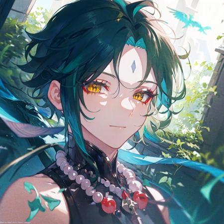 <lora:vividImpactfulStyleYoneyamaMai_v40hLocon:0.15> 1boy,dark green hair,best quality,masterpiece,extremley,yellow eyes,male focus,beautiful eyes,<lora:xiaoGenshinImpact_v30:0.8>,