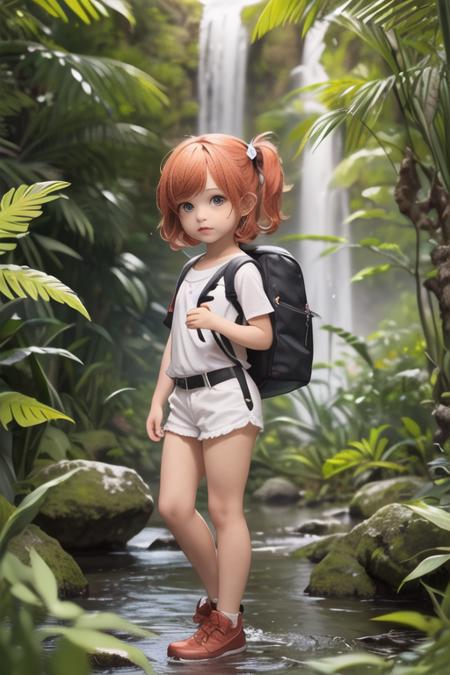 (masterpiece),(best quality),(ultra-detailed), (full body:1.2), (beautiful detailed face), (beautiful detailed eyes), <lora:blindbox_V1Mix:0.6>,(chibi:1), from front ginger girl child adventurer clothes backpacks with parents hiking up a jungle mountain trail waterfall butterfly,