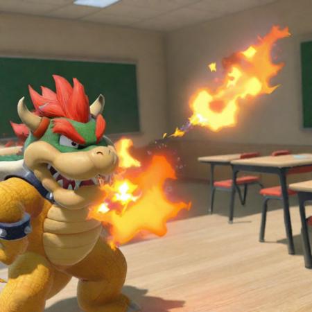 Bowser breathing fire in classroom, realistic <lora:Bowser-cai:1> <lora:LCMSDXL:1>