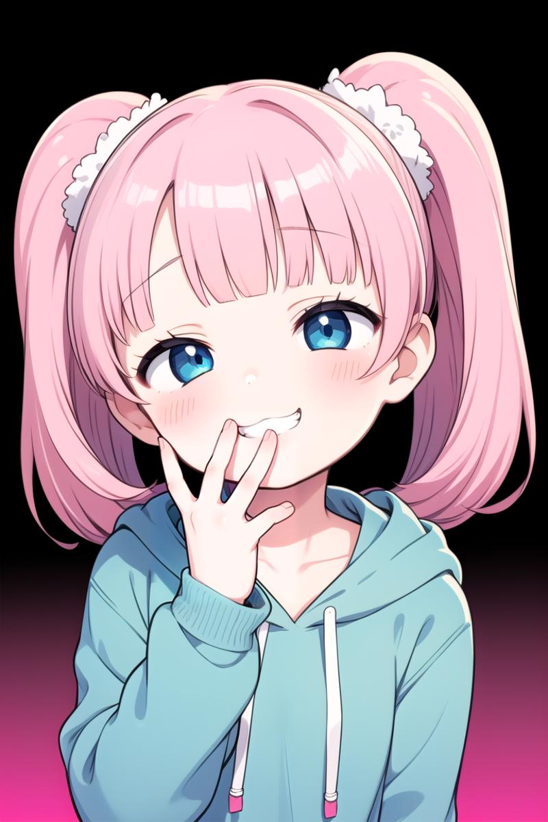 Pink-haired anime girl wearing a blue hoodie and pink ribbons in her hair.