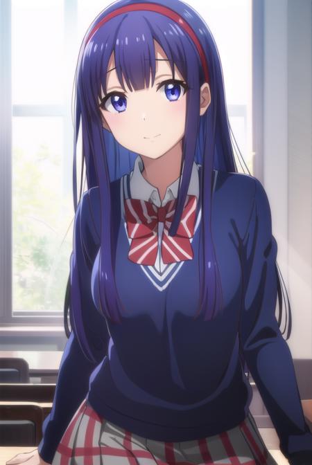 mikotoasuka, <lora:mikoto asuka s1-lora-nochekaiser:1>,
mikoto asuka, long hair, blue eyes, blue hair, hairband, red hairband, smile,
BREAK skirt, bow, school uniform, pleated skirt, bowtie, sweater, plaid, plaid skirt,
BREAK indoors, classroom,
BREAK looking at viewer,
BREAK <lyco:GoodHands-beta2:1>, (masterpiece:1.2), best quality, high resolution, unity 8k wallpaper, (illustration:0.8), (beautiful detailed eyes:1.6), extremely detailed face, perfect lighting, extremely detailed CG, (perfect hands, perfect anatomy),