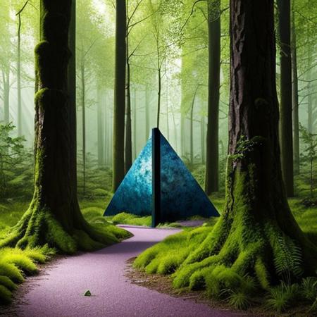 A hyper-realistic painting featuring a three-dimensional blue triangle with human eyes and a mouth, clearly expressing an emotion such as sadness or joy. The triangle should have realistic textures and lighting, making it appear as part of the physical world. It is set in a lush, vibrant forest at dawn, with sunlight filtering through dense foliage, illuminating the moss-covered ground and small wildflowers. Birds and woodland creatures add life to the serene setting. The triangle should blend seamlessly into the environment despite its surreal form, creating a striking contrast between the natural beauty of the forest and the lifelike, anthropomorphic triangle