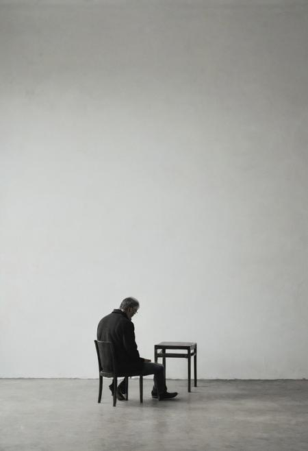 A lonely mans sitting on a chair, negative space, empty image ethereal photography. a rough paper filter.