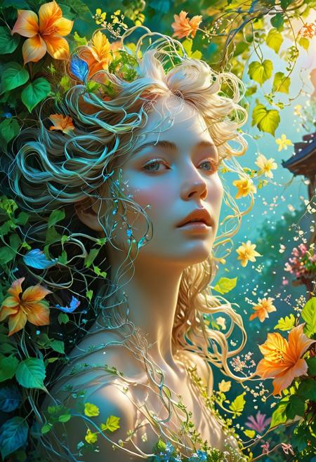 A dreamlike digital painting features a woman with surreal characteristics. Her ethereal hair, composed of twisting vines, flows gracefully around her. Her eyes shimmer with an opalescent quality, adding to her otherworldly appeal. Springtime colors, such as vibrant leaves and blossoming flowers, decorate her skin, further enhancing her otherworldly beauty. The background remains pale, providing a subtle yet effective contrast to the vivid elements of the composition.