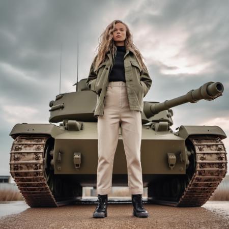 <lora:olivia_vinten_xl_lora:1> olivia vinten woman (low angle, headshot:1.2) photo of woman, she is wearing sukajan , her hair is styled as wet look hair, BREAK she is (standing on top of a Sherman tank:1.1), direct flash photography, Voigtlnder Nokton 50mm f1.1 ,