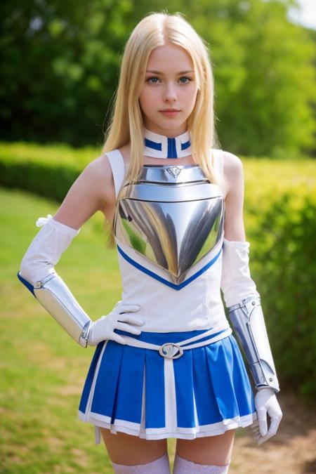 analog photo, a cute girl, 22 years old, long hair, blonde hair, blue eyes, blue and white armor, breastplate, blue miniskirt, bare shoulders, detached sleeves, white gloves, white thighhighs, <lora:Roxy Hart:0.7>, innocent, Porta 160 color, shot on ARRI ALEXA 65, bokeh, sharp focus on subject, shot by Don McCullin,
