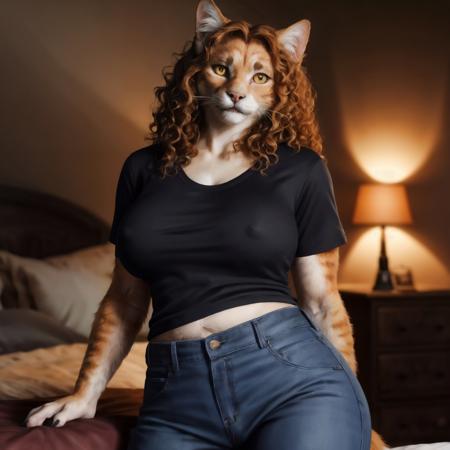 bust shot, detailed bedroom setting, cool lighting, (solo:1.3),
BREAK, staring into the camera, 20 years old, anthro dog cat tabby cat female with orange fur, muscular, fat build, thin fluffy tail, yellow eyes, (long ginger hair, curly hair), cat snout, teeth, fangs, (realistic fur, fur over body, detailed fur texture), (wearing a black t-shirt, wearing blue jeans), large breasts, claws, hand paws, pink paw pads