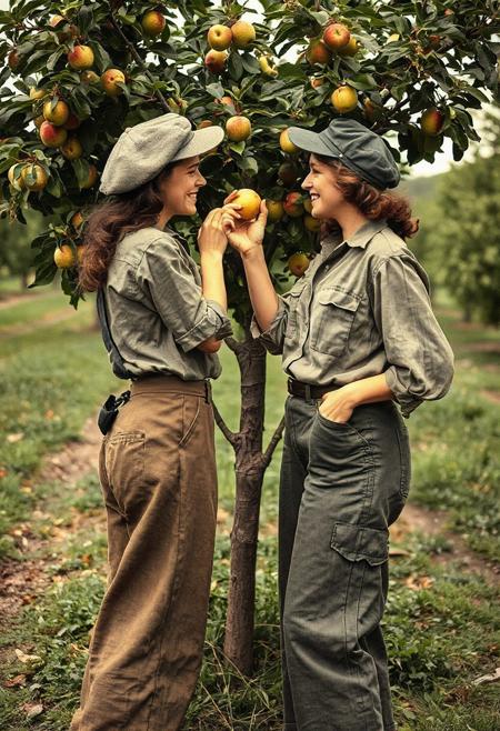 Two Great Depression era lovely women hoboes, dressed in loose wool trousers, unbuttoned cloth work shirts, and newsboy caps. They are picking apples from a tree in apple tree field, the smaller, 18yo, hobo being fed a bite of apple by the larger, 35yo hobo. The larger hobo has her hand on the rump of the younger hobo, dominant, smiling lovingly. The younger hobo is pleased.