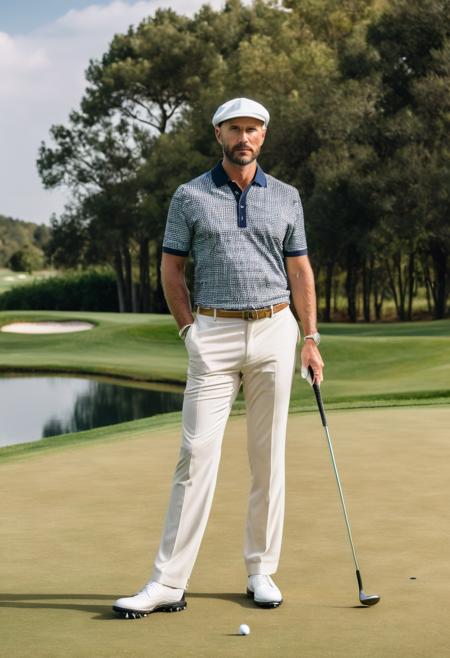 raw photo, full body, beautiful man, 40 years old,  Classic Fashion, plays golf, luxurious outfit