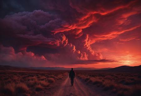 ▲ Close to: 
Photography of nightscape with red sky and light, person looking the sky, dark atmosphere, 