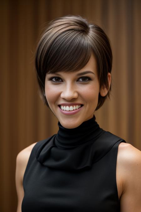hi14ry5w4nk as a popular girl, brown eyes, brown hair, pixie haircut, open mouth, smile, teeth, overbite, (wearing a high neck sleeveless black dress:1.3), indoors, walking down stairs in a house, evening, <lora:Hilary_Swank_PMv1a_Lora:1.3>,, high quality photography, 3 point lighting, flash with softbox, 4k, Canon EOS R3, hdr, smooth, sharp focus, high resolution, award winning photo, 80mm, f2.8, bokeh, detailed skin texture, (blush:0.5), (goosebumps:0.5), subsurface scattering, ((Medium-Shot Angle))
