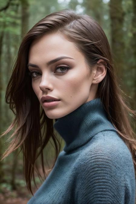 photo of S131_KristinaPeric, a stylish woman, deep in a (foggy-forest:1.2) wearing a (turtleneck-sweater:1.2), (8k, RAW photo, best quality, depth of field, ultra high res:1.2), (absurdres, intricate, photorealistic, masterpiece, ultra-detailed:1.3)