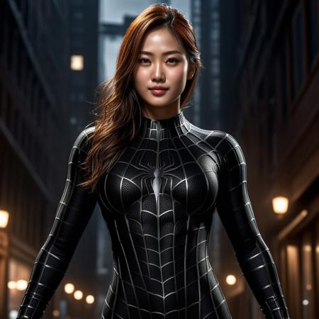 score_9, score_8_up, score_7_up, best quality, realistic, masterpiece, beautiful detail, hyperrealistic, night, ((1girl, woman body, large breast)), amazing detailed full body of a cute korean girl, wearing a realistic and highly detailed black raimi spider-man suit, ((defined muscular girl)), professional model wears ultra - detailed black raimi spider - man suit, ultra - detailed and grained black raimi spiderman suit, suit covered entire body and hand, black spiderman gloves, wet, (light smile), close up, octane render, highly detailed, volumetric, dramatic lighting, (highest quality:1.1), (HDR:1.3), (top quality, best quality), realistic, high definition, sharp contrast between light and shadow, athletic and fit physique, highly detailed and accurate portrayal, photorealistic rendering, tense and alert atmosphere cinematic scene, cinematic lighting, intricate detail skin and facial texture, lifelike expression, accurate character design, interesting and complex background details,