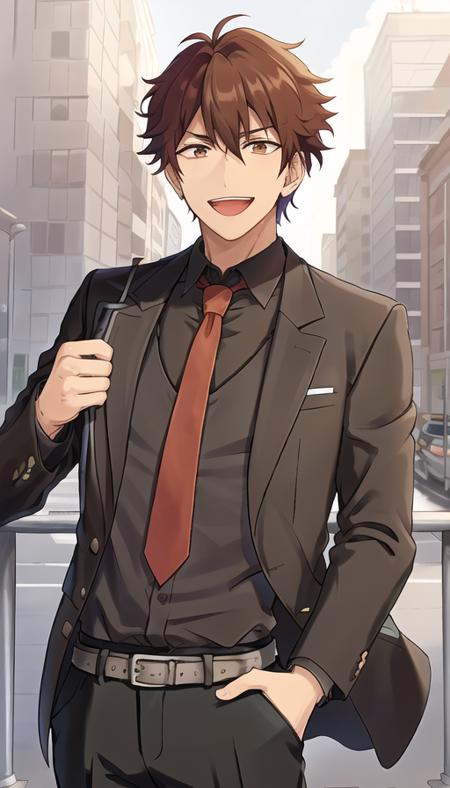 <lora:qianqiu:0.6>,1boy, bangs, (big red_eyes), aqua_eyes, brown_hair,  parted_lips, hair_between_eyes, (:d), teeth, face, formal, hair_between_eyes, jacket, looking_at_viewer, male_focus, necktie, shirt,(((solo))),(Eachcolorblockisclearlydistinguished:1.1),sunlights,lamp,lapels,city buildings,(god rays)