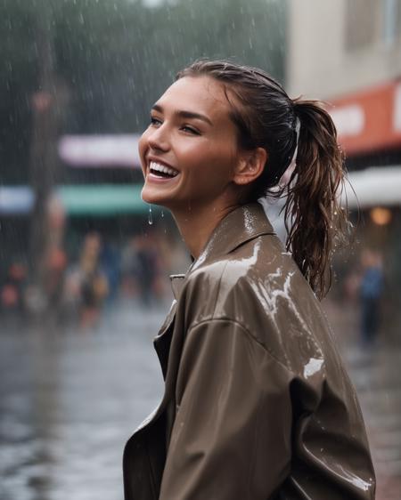 rachel_cook, <lora:RCookXL_ep4:1>,woman, street, laughing, ponytails, (muted colors:1.2), dramatic, complex background, cinematic, filmic, raining, wet hair, wet clothes, wet skin,soaking wet,