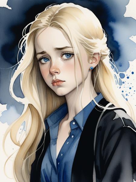 <lora:04Vintageillustration_Hap_XL:3.3>,Norman Rockwell style Anime character radiating sadness, cascades of long blonde hair, clad in sleek black attire, piercing blue eyes, captured in a watercolor style, conveying melancholy emotions, fine lines for detailed facial expressions, contrast of vibrant hair against monochromatic outfit, digital painting.