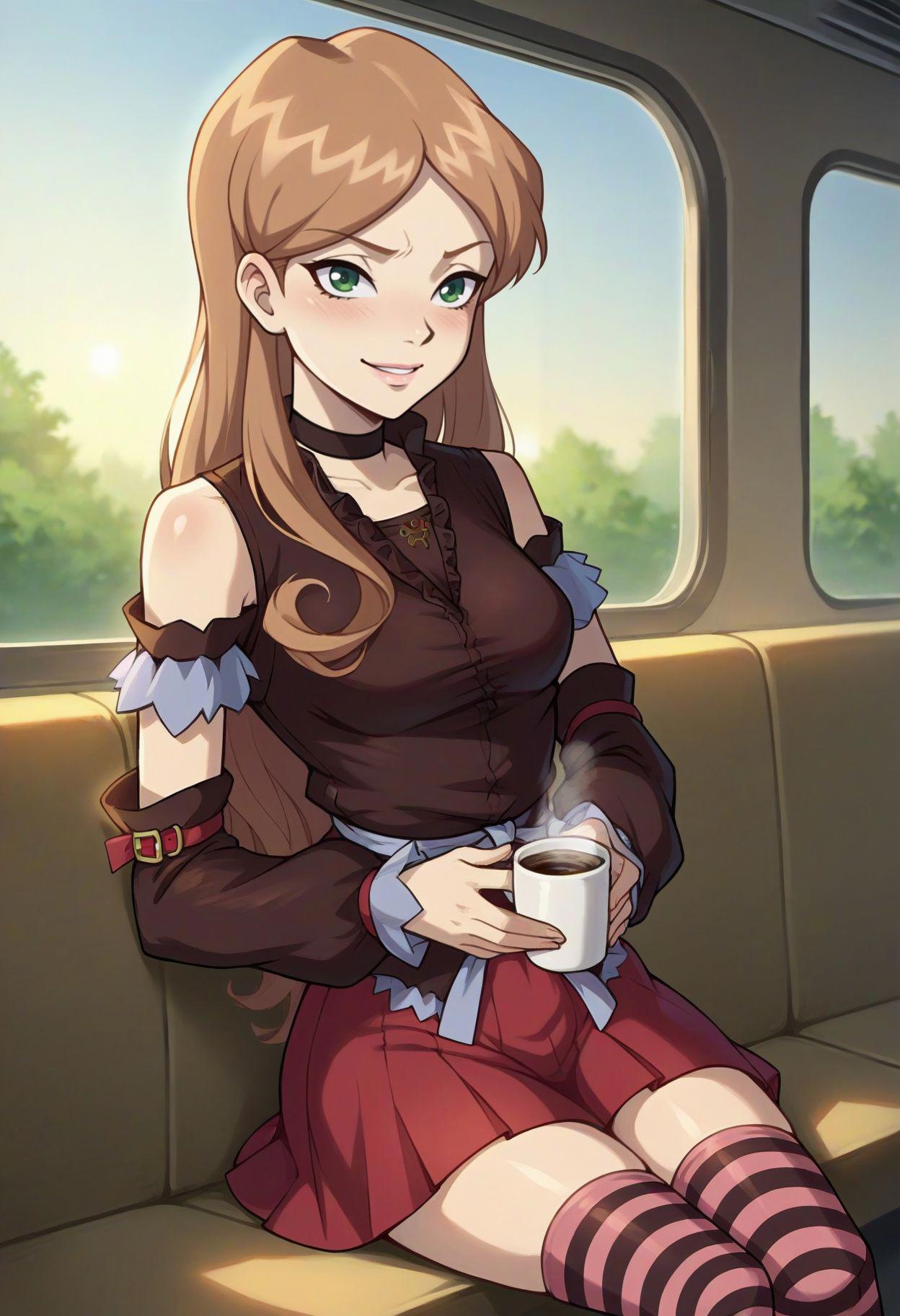 score_9, score_8_up, score_7_up, source_anime,  <lora:Sophie_Casterwill-000009:0.8> Sophie Casterwill, 1girl, long hair, brown hair, green eyes,  detached sleeves, choker, red skirt, striped legwear, thighhighs, holding, holding coffee cup, sitting down, train, talking, relaxing, sunlight through window, smile, looking at viewer, hand on stomach, blush, solo, cowboy shot, dutch angle