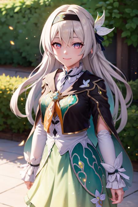 <lora:firefly:1> firefly \(honkai: star rail\), 1girl, standing, outdoors, white hair, long hair, multicolored eyes, black hairband, dress, green skirt, white shirt, arms at sides, black cape, long sleeves, white sleeves, walking, closed mouth, light smile,