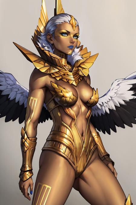 masterpiece, best quality, 
<lora:zs_Abdiel:1> abdielsmt, breasts, lipstick, dark skin, armor, makeup, white hair, short hair, dark-skinned female, navel, wings