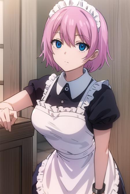 maid virgo, short hair, bangs, blue eyes, pink hair, thighhighs, dress, short sleeves, shoes, puffy sleeves, black footwear, apron, black dress, white thighhighs, puffy short sleeves, zettai ryouiki, maid, maid headdress, white apron, maid apron, cuffs, enmaided, handcuffs, eclipse virgo, short hair, bangs, blue eyes, pink hair, thighhighs, gloves, cleavage, pantyhose, boots, thigh boots, collar, jacket, black jacket, belt,