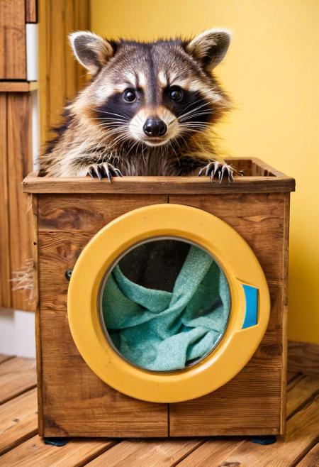 a raccoon washes clothes in a wooden washing machine..