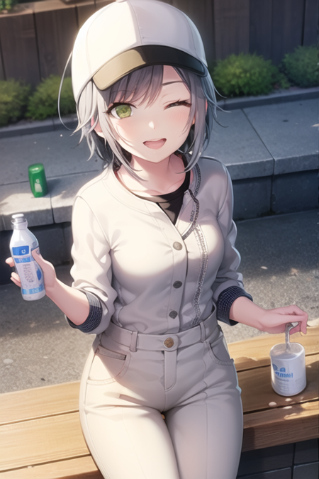 <lora:ShihoV3-07:0.7> , hinoshiho, 1girl, short hair, shirt, grey hair, green eyes, looking up, milk, smile, jumpsuit, baseball cap, milk bottle, holding, holding bottle, upper teeth only, teeth, ;D, one eye closed