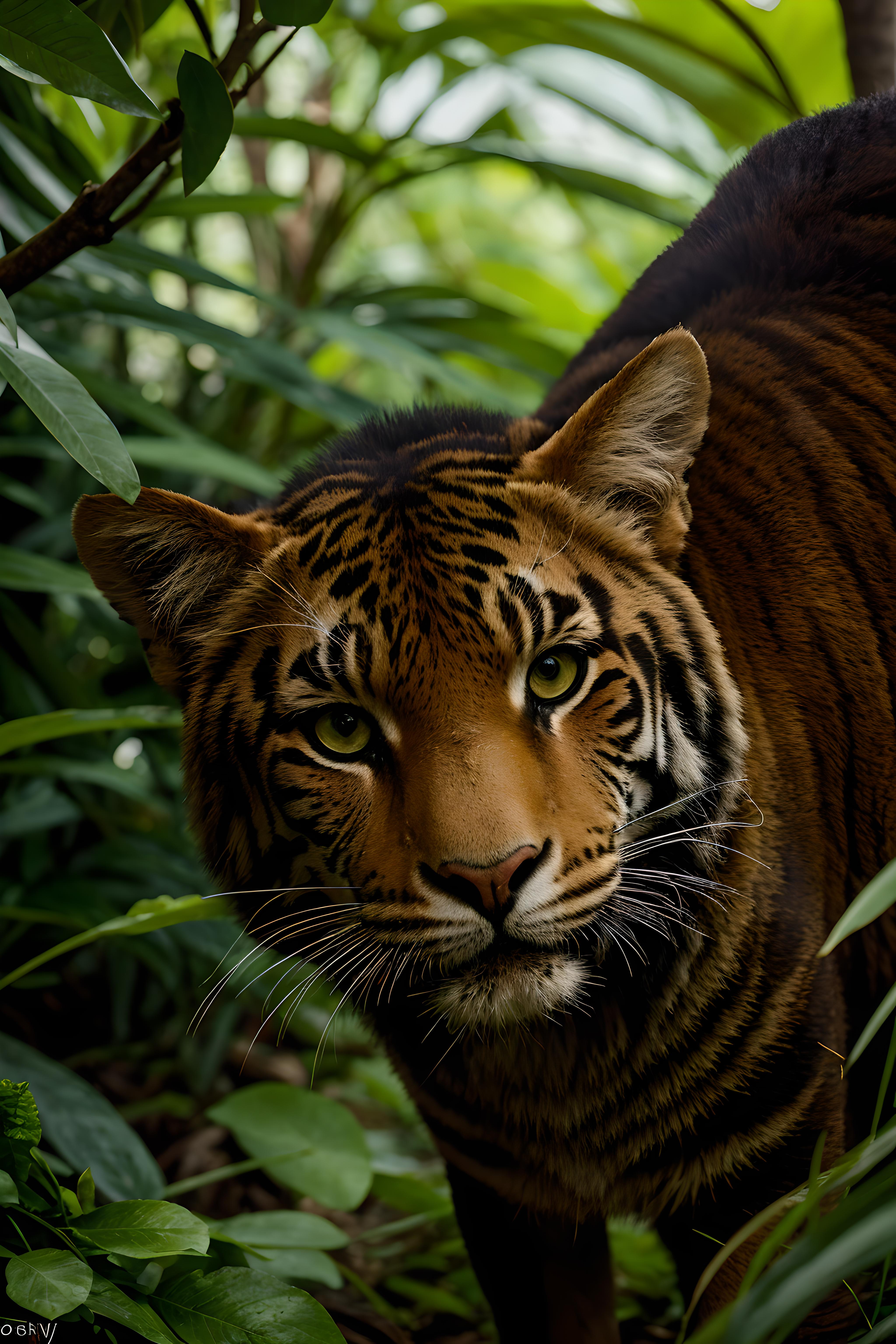 A close-up of a tiger's face with green eyes and a black nose.