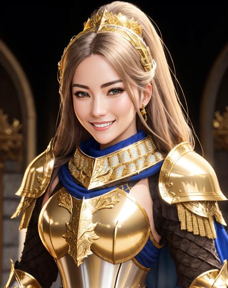 Masterpiece, absurdres, fine detail, HDR,highly detailed armor with gold plating, shiny armor, photorealistic,smiling, excited,<lora:PLD_amor:0.75>,PLD_armor, a beautiful topd_woman knight in armor, wearing PLD_armor, blue scarf,  <lora:topd1:0.5>, perfect topd_body, perfect topd_face