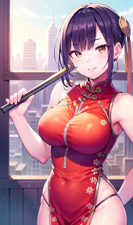 ((masterpiece)),(((best quality))), ((ultra-detailed)), ((illustration)), masterpiece, best quality, highres, {beautiful detailed eyes}, finely detail,  beautiful detailed eyes, ((Bustling city)),Smile
1girl, (solo:1.5), (hair ribbon:0.4), ((china dress)),  holding_fan, hip focus,full body,