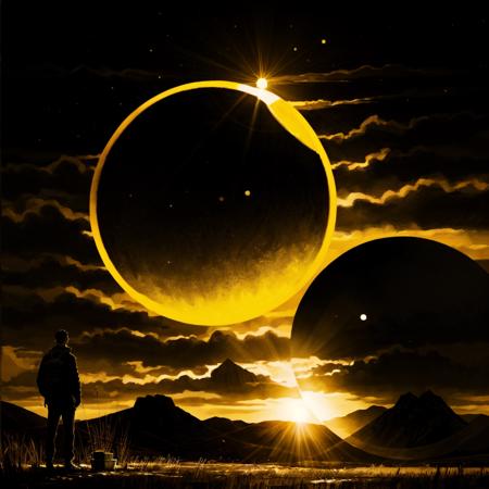 an endless field of ripe wheat, trees, distant mountains, a solar eclipse, a huge sun, high quality, hopeless, concept art, disco elysium painting style, expressive brush marks, low angle dramatic shot, cinematic, DarkSpheraStyle <lora:DarkSpheraStyle:0.6> <lora:more_details:1>  CS-YBF