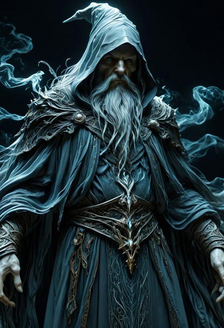 Eerie, wizard, intimidating, flowing garments, accurate anatomy, close-up, lifelike, stark contrast