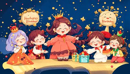 1girl, long sleeves, cake, simple background, brunette, , . _. , fruit, crown, blush, party hat, table, birthday cake, skirt, balloon, festive<lora:Child illustrationa_20230804152414:0.8>