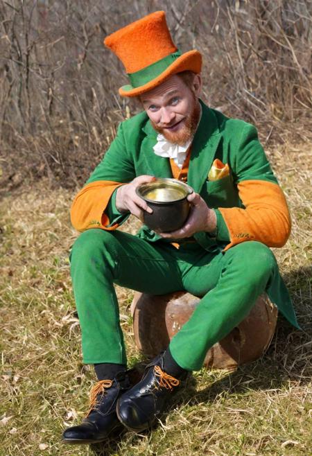 A leprechaun man is sitting on the ground with a pot of gold in his lap and is dangling a puppet from his hand