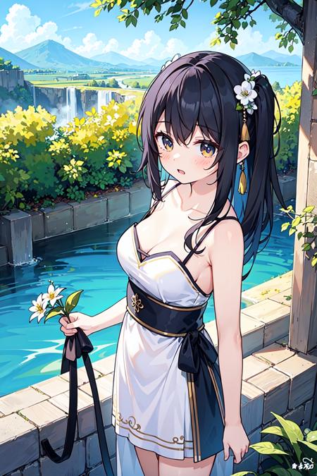 1girl ,bare shoulders,black hair ,holding_bouquet ,branch ,breasts ,colored inner hair, colorful ,fish ,hanfu,dress,long dress ,mountain,pool ,((white_see-through dress)),strapless dress , tree , (waterfall ),cowboy shot, standing, from above, bare legs,<hypernet:bad-hands-5:1.0><hypernet:bad-hands-5:1.0>