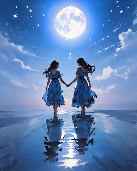 (masterpiece),(wallpaper), (best quality), (best illuminate, best shadow), (best illustration), dynamic angle,
(+++a girl+++) is walking in front of a delicate and beautiful moon-blue sky, solo, from side, 
(Backlight), mid shot, (the beautiful and delicate girl:1.3), beautiful bare back, (detailed face:1.2), (long floating hair:1.2), (beautiful long dress:1.2), floating dress,
the girl (walking) on surface of the water, Beautiful and delicate violet light water surface, reflective water surface,
High saturation blue clouds and (stars sky) in the background, cold color
traditional_ink_painting,<lora:traditional_ink_painting-000007:1>,