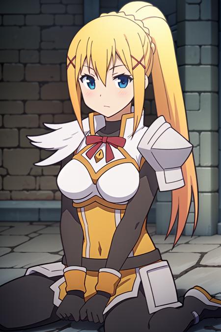 <lora:DarknessV2:0.7>
1girl,solo,long hair,breasts,looking at viewer,blonde hair,hair ornament,gloves,ribbon,ponytail,black gloves,armor,x hair ornament,shoulder armor,pauldrons,darkness (konosuba),
show pussy, wariza, sitting,