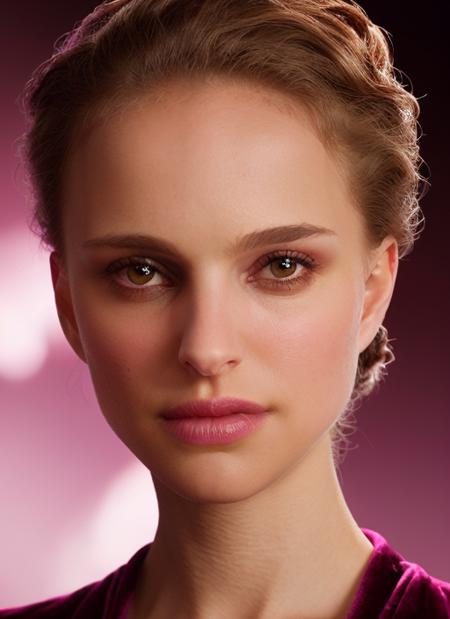 portrait of skswoman, grimace , wearing velvet , with Updo , background field of flowers epic (photo, studio lighting, hard light, sony a7, 50 mm, matte skin, pores, colors, hyperdetailed, hyperrealistic), <lyco:Natalie Portman:1.2>