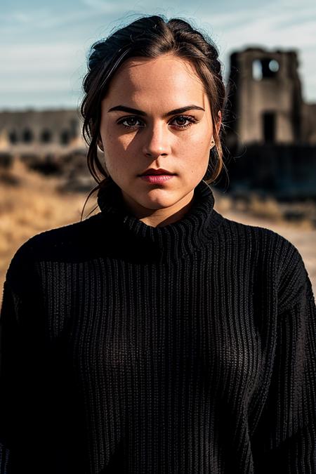 a face picture of  MonicaRaymundV4-900 (with black sweater:1.2), ((front view)), red lips, and a ((close up:1.3)), dressed as a firefighter, background is city ruins, (high detailed skin:1.2), 8k uhd, dslr, soft lighting, high quality, film grain, Fujifilm XT3