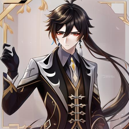 <lora:Zhongli:0.7>zhongli \(genshin impact\), earrings, 1boy, formal, jewelry, suit, long hair, tassel, gloves, solo, single earring, long sleeves, ponytail, bangs, male focus, jacket, closed mouth, black gloves, necktie, looking at viewer, collared shirt