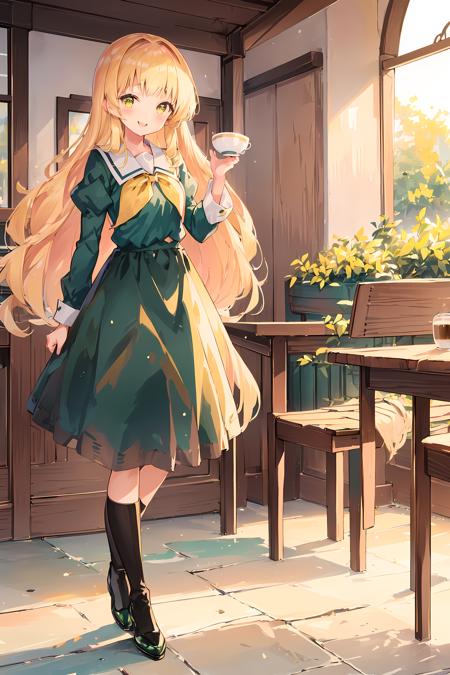 <lora:LoRA_Shiraki_Hime:1>, Shiraki Hime, 1girl, long hair, blonde hair,  green dress, black skirt, black footwear, big smile, dress,  shoes, anime, table service, yellow bowtie, tray, table, holding, holding tray, food, teacup, coffee,