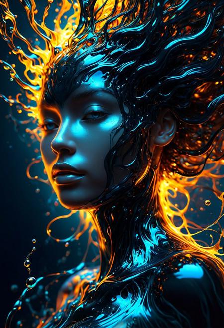 A mesmerizing close-up illustration depicts a woman metamorphosed by enigmatic forces from black liquid oil, showcasing smooth lines and an exquisite interplay of light and shadow. This fantastically bright creation, while seemingly simple, holds intricate layers of meaning. The artwork captivates with its intricate beauty, emphasizing minute elements, and as the light gracefully falls, it crafts an even more captivating image. High-quality detailing and finesse are evident throughout, creating a truly enchanting piece.