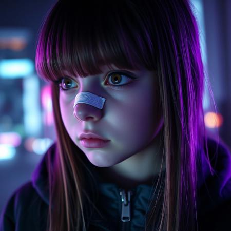 A close-up, slightly low-angle shot of a young girl with long, straight hair, her bangs falling over her large, expressive eyes. She wears a bandage on her nose and a zip-up jacket, looking off to the side with a serious, melancholic expression. The camera captures her face in soft purple lighting, creating deep shadows that enhance the emotional atmosphere. The background is blurred, with hints of a futuristic, neon-lit cityscape, making the focus entirely on her face. Hyper-realistic style with attention to lighting, texture, and depth