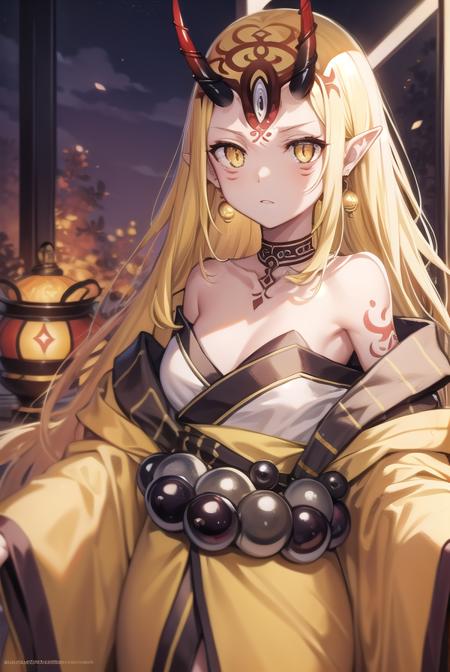 ibaraki douji, blonde hair, facial mark, fang, forehead, horns, long hair, oni, oni horns, pointy ears, (yellow eyes:1.5), earrings, japanese clothes, jewelry, kimono, leg tattoo, neck tattoo, oni, oni horns, shoulder tattoo, tattoo, yellow kimono,