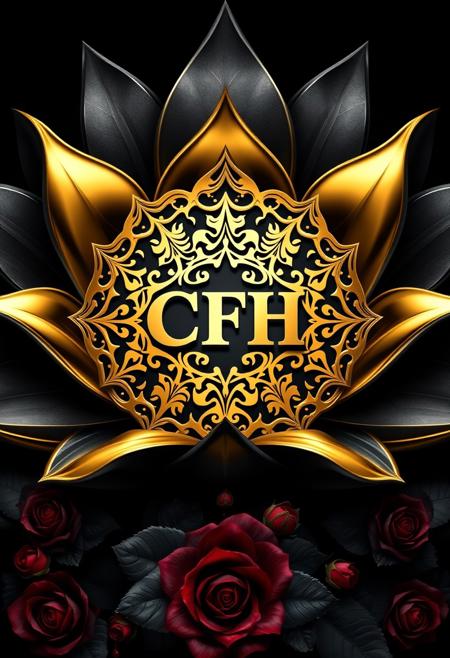 Create a "CFH" logo as a reflective golden chrome emblem with intricate filigree, nestled within a large black lotus flower. The lotus should frame the entire design, its petals forming a dark, metallic backdrop. Integrate bio-mechanical elements: the "CFH" emblem emerging from the lotus center like a sophisticated machine. Surround with smaller black lotuses and dark red roses, their stems resembling cables or pistons. Blood and oil should drip from leaf-like vents. Design as a high-quality vector for sticker use. Render in 8K, emphasizing stark contrast between the lotus's deep shadows and the brilliant reflections on the golden chrome surfaces. Blend luxury, danger, and organic-tech aesthetic.