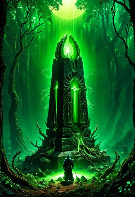 Enter a realm forsaken by the gods, a necrotic wood where the very air reeks of decay and rot. Twisted, gnarled trunks claw at the sanguine sky, their grasping branches like the skeletal fingers of long-dead sorcerers. Mist swirls between the boles, clinging to the earth like a burial shroud.
Shattered monuments to forgotten deities dot the forest floor, their crumbling stones covered in lichen and mold. Bone fragments, bleached white and picked clean, lay scattered among the detritus, mute testimony to unspeakable rites conducted in ages past.
At the heart of this blighted clearing rises a dais of obsidian, polished smooth as if by the touch of a thousand year's worth of worshippers. Upon its altar-top surface, a pulsating organ of indeterminate origin throbs with an eerie, otherworldly beat. Veins of sickly green light race across its surface, converging at a central node that seems to suck the very essence from the surrounding woods.
Before this profane offering kneels a robed figure, cowled and inscrutable.
sci-fi, alien-worlds, eeriness, futuristic, outer-space, science-fiction, alien-themed, extraterrestrial, cosmic, otherworldly, mysterious, 
concept-art, adventure, fantasy, whimsy, dreaminess, digital, illustration, magic, 
beautiful, painterly, textural, artistic, aesthetic, 
intricate details, highly detailed, ultra-detailed, absurdres, vivid, vibrant, volumetric lighting, 
Necron,, electricity, green glow, green theme,, aid291, midjourneyv6.1, ais-particlez