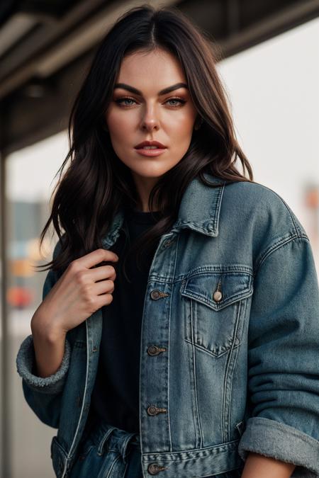 photo of (EPS3r1d4Sw4n:0.99), closeup portrait, perfect hair, (modern photo, Oversized denim jacket with faux shearling lining and distressed details), 24mm, (analog, cinematic, film grain:1.3), (([extraterrestrial federation embassy, fiberglass, in-ground well lights, neon lights| cold, ice], gradient:1.1)), ((detailed eyes)), ((eyeliner, long lashes)), (epicPhoto), long eyelashes, (perfect waist), (painted lips)