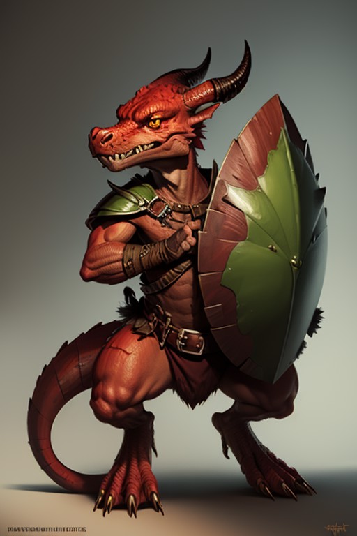 kobold, snout, horns, claws, tail, scales, white background, yellow eyes, fangs, red skin shield <lora:KoboldTest2:0.65>